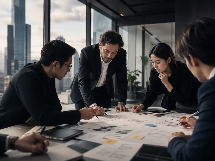 Business professionals reviewing plans and documents together in a high-rise meeting room