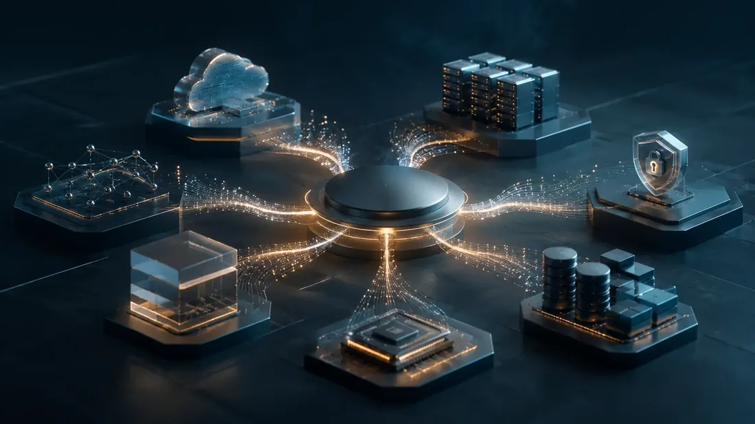 Illustration of an integrated technology platform linking cloud, servers, networking, security and data