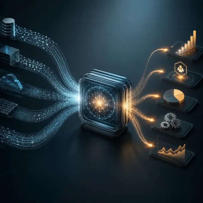 Illustration of data streams feeding an AI engine and emerging as analytics, reports and insights