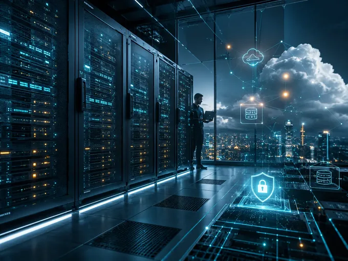 Engineer working between server racks in a data centre, with cloud, database and security overlays
