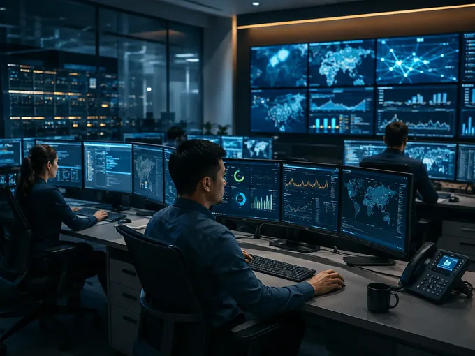 Operations team monitoring dashboards and network maps in a 24/7 operations centre